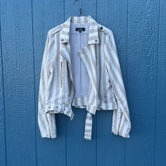 Lulu’s Vacation Signature Taupe and Ivory Striped Belted Moto Jacket Large NEW - Picture 3 of 14